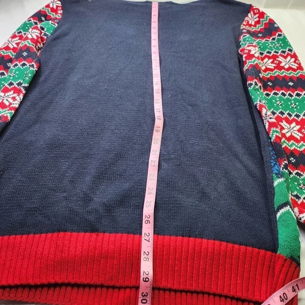 Ugly Christmas Sweater Reindeer Pullover Mens Large Navy Let It Glow Fair Isle